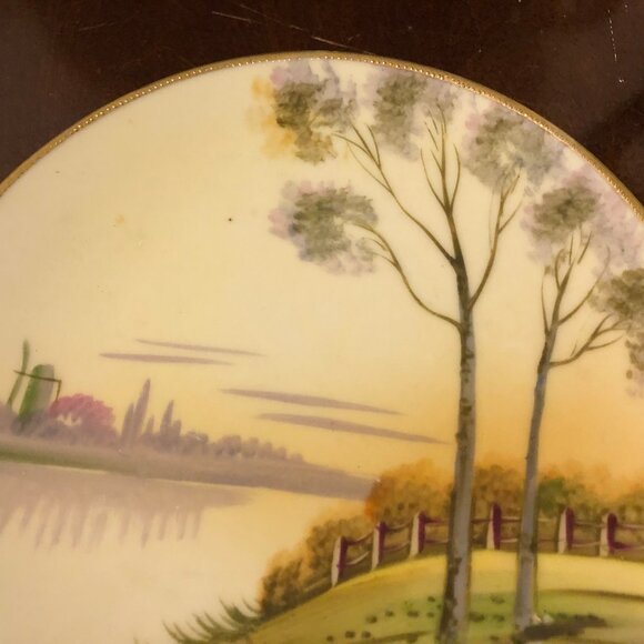 Vintage hand painted japan plates landscape lake side set of two 6.25" gold rim - Picture 5 of 8